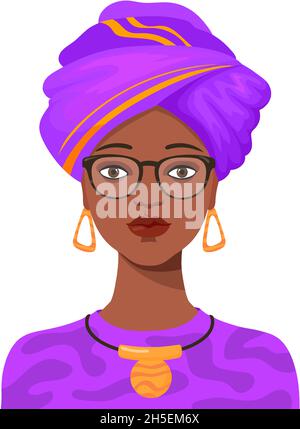 Ritratto africano donna. Donna americana nera in turbante da tribale d'africa, vettore di carattere cartoon isolato su sfondo bianco Illustrazione Vettoriale