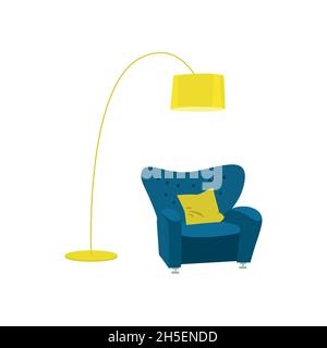 Morbida poltrona blu e piantana gialla per un ufficio creativo in stile loft o un appartamento accogliente. Elemento di arredamento alla moda per interni di ricreazione Illustrazione Vettoriale