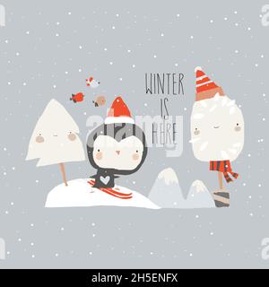 Cartoon Little Penguin sciare lungo una montagna Slope Illustrazione Vettoriale