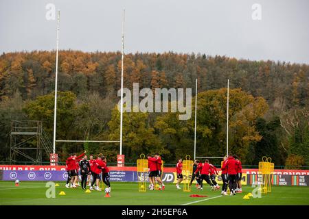 Hensol, Galles, Regno Unito. 9 novembre 2021. Vista generale della formazione nazionale di calcio del Galles al vale Resort prima delle due finali della Coppa del mondo 2022 partite di qualificazione contro Bielorussia e Belgio. Credit: Mark Hawkins/Alamy Live News Foto Stock