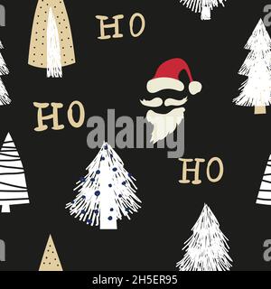 Hohoho senza cuciture, Babbo Natale ridere. Cappello rosso di Santa, barba bianca, baffi, pino, abete. Sfondo dell'illustrazione vettoriale Illustrazione Vettoriale
