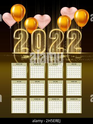 Calendario di Capodanno 2022 colore oro lucido numeri banner, podio palco, palloncini rosa cuori. La settimana inizia da domenica. Luce flash per testo realistico Illustrazione Vettoriale