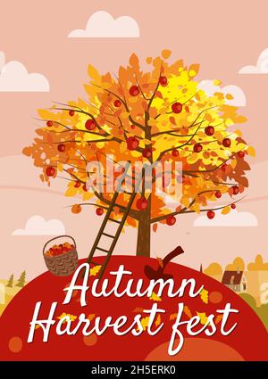 Autunno raccolta Fest. Albero di mele con cestino di mele, scala, paesaggio rurale. Caduta, raccolto, frutta matura su albero, caduta countriyside. Vettore Illustrazione Vettoriale