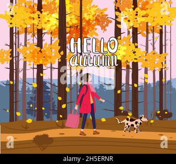 Ciao autunno, giovane donna che cammina cane nella foresta autunno. Autunno umore autunno. Banner, poster, banner, cartoline vettoriali, Illustrazione Vettoriale