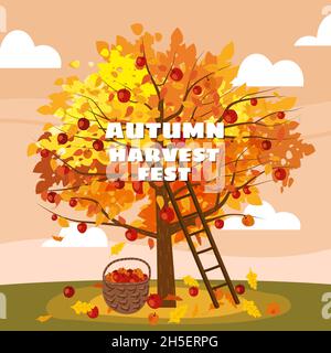 Autunno raccolta Fest. Albero di mele con cestino di mele, scala, paesaggio rurale. Caduta, raccolto, frutta matura su albero, caduta countriyside. Vettore Illustrazione Vettoriale