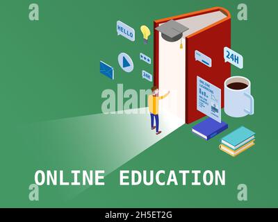 Uomo studente di formazione online, libro aperto. Studio online concettuale, corsi, webinar. Illustrazione vettoriale isometrica Illustrazione Vettoriale