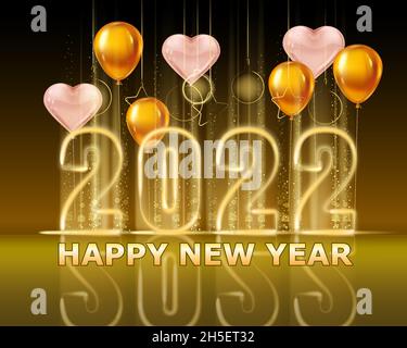 Calendario di Capodanno 2022 colore oro lucido numeri banner, podio palco, palloncini rosa cuori. La settimana inizia da domenica. Luce flash per testo realistico Illustrazione Vettoriale