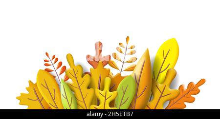 Autunno foglie 3D giallo, rosso, marrone, arancio colori. Bouquet autunnale. Plastilina di rendering 3d minima, banner di illustrazione vettoriale, poster Illustrazione Vettoriale
