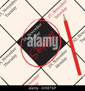 Testo dello shopping contrassegnato con rosso su sfondo bianco del calendario. Concetto di black friday. Illustrazione vettoriale Illustrazione Vettoriale