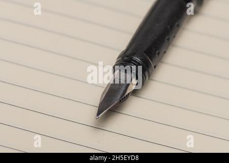 Primo piano di penna stilografica su carta rigata di notebook Foto Stock