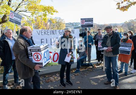 09 novembre 2021, Baden-Wuerttemberg, Stoccarda: I rappresentanti delle iniziative dei cittadini contro il rumore degli aerei si dimostrano nello Schlossgarten di fronte al parlamento di Stato con bandiere contro il rumore degli aerei che si creerebbe nelle loro comunità da un cambiamento del percorso di decollo e atterraggio. A sinistra c'è il portavoce delle iniziative dei cittadini, Rolf Keck, che consegna una scatola di cartone con le firme al commissario per la protezione del rumore dello Stato, Elke Zimmer (M). Più di 15,000 persone hanno firmato una petizione contro il cambiamento del percorso di volo. Foto: Bernd Weißbrod/dpa Foto Stock