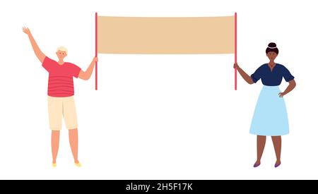 Uomo e donna che tengono banner per il testo speciale dell'evento Illustrazione Vettoriale