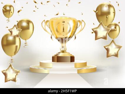 Coppa d'oro realistica con podio circolare. Coppa d'oro del vincitore del trofeo isolato. Design pluripremiato. Illustrazione Vettoriale