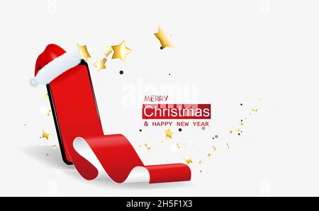 Concetto creativo di Natale. Telefono cellulare con modello 3d realistico, foglio rosso con schermo del telefono, lettera a Babbo Natale. Lista dei desideri e acquisti per Illustrazione Vettoriale