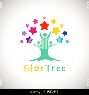 Concetto di logotipo di persone e di alberi di stelle. Insegnante e bambini con stelle colorate come foglie. Idea creativa di marcare a caldo e lettere di identità. Albero della vita. È Illustrazione Vettoriale
