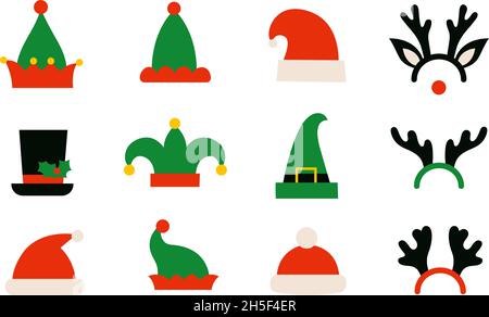 Cappelli di Natale illustrazioni isolate. Cappello rosso Babbo Natale. Elfi o gnomes cappelli. Corna di renne cartoon. Cappello con foglie di agrifoglio e bacche Illustrazione Vettoriale