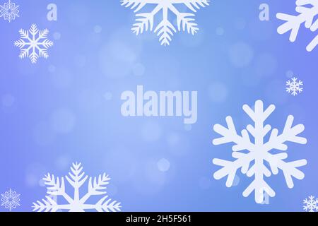 Rendering 3d di un concetto di cartolina di Natale con fiocchi di neve su sfondo blu bokeh Foto Stock