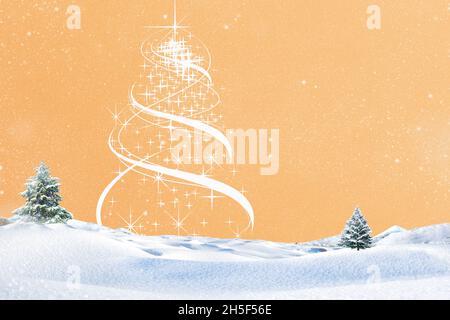 Rendering 3d di un concetto di cartolina di Natale con un albero sulla neve su sfondo arancione Foto Stock