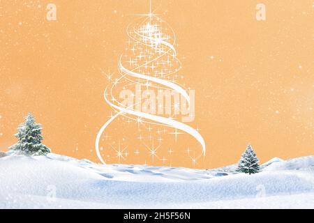 Rendering 3d di una cartolina di Natale con un albero e desideri sulla neve su sfondo arancione Foto Stock
