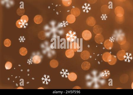 Rendering 3d di un concetto di sfondo natalizio sfocato con fiocchi di neve che cadono su sfondo bokeh Foto Stock