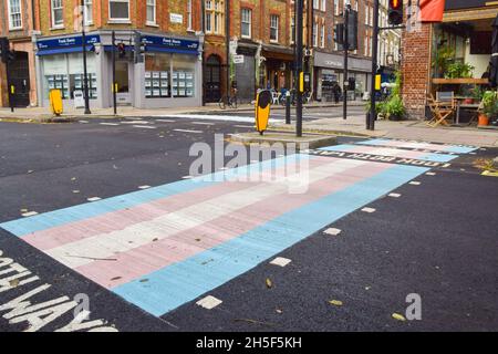 Londra, Regno Unito. 9 novembre 2021. A Bloomsbury si vede un passaggio pedonale con i colori della bandiera trans.quattro nuovi incroci con i colori della bandiera trans sono stati svelati su Marchmont Street e Tavistock Place, a sostegno della comunità trans. (Foto di Vuk Valcic/SOPA Images/Sipa USA) Credit: Sipa USA/Alamy Live News Foto Stock