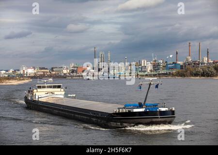 Nave cisterna sul Reno, vista del Chempark, precedentemente noto come fabbrica Bayer, Leverkusen, Renania settentrionale-Vestfalia, Germania. Tankschiff auf dem Foto Stock