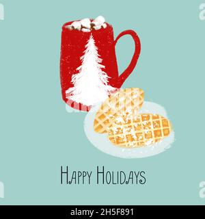 Cioccolata calda con marshmallows e waffle con testo Happy Holidays Foto Stock