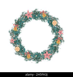 Illustrazione di Natale e felice anno nuovo con la corona di Natale. Rametti di abete rosso verde, poinsettia e bacche rosse. Illustrazione vettoriale. Illustrazione Vettoriale