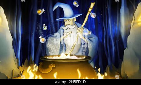 Carino fumetto wizard preparare una pozione in un calderone e aggiungere alcuni ingredienti dalle piccole bottiglie. Bella animazione colorata Foto Stock