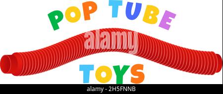Giocattolo sensoriale per bambini da etichetta vettoriale tubo corrugato o modello di cartello. Disegno del giocattolo dei bambini del tubo di Pop di Anti-stress del filo flessibile di plastica colorato Illustrazione Vettoriale