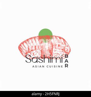 Modello di cartello, simbolo o logo della cucina asiatica. Sushi o sashimi disegnati a mano e tipografia moderna. Concetto di emblema del vettore alimentare Giapponese. Isolato Illustrazione Vettoriale