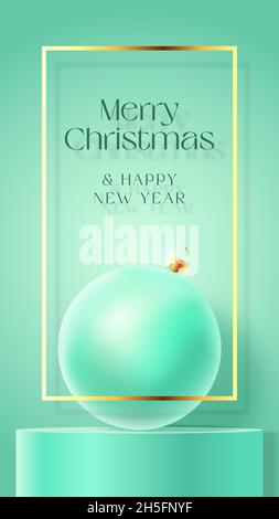 Christmas Stories Vector Advertising Card o Poster Template. Stagione Promo background Scene con Buble realistico e sale podium. Inverno di Capodanno Illustrazione Vettoriale