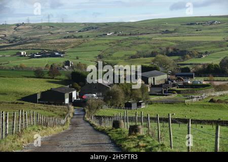 Fattorie Hill sul Rossendale Moors, Lancashire, Inghilterra, Regno Unito Foto Stock