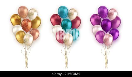 Set vettoriale di palloncino nero rosso oro realistico isolato su sfondo bianco Illustrazione Vettoriale