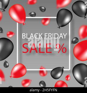 Palloncini sfumati di rosso e nero su sfondo sfumato di grigio intorno al fotogramma. Testo di vendita del black friday con cornice bianca e concetto di social poster Foto Stock