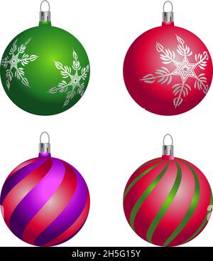 Palline colorate di Natale con una varietà di forme sul suo. Set di decorazioni realistiche isolate su palle di Natale. Illustrazione vettoriale isolata su Illustrazione Vettoriale