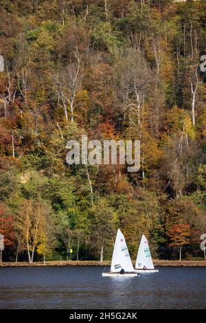 Due piccole barche a vela sul lago Baldeney, Baldeneysee, sullo sfondo di una foresta autunnale con vegetazione colorata, Essen, Germania Foto Stock