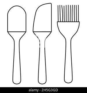 Utensili da cucina posate set di due spatole in silicone e pennello contorno semplice minimalista disegno piano vettoriale isolato su sfondo bianco Illustrazione Vettoriale