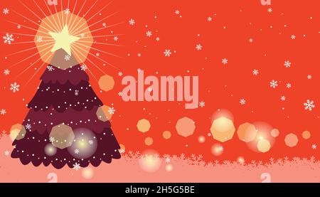 Sfondo rosso di Natale con stelle scintillanti su un grande albero Illustrazione Vettoriale