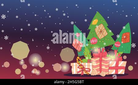 Albero di Natale e decorazioni, scatole regalo e luci incandescenti Illustrazione Vettoriale