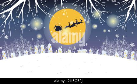 Rudolph e la slitta di Babbo Natale sorvolano la città in una notte d'inverno Illustrazione Vettoriale