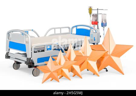 Moderno letto d'ospedale regolabile con cinque stelle dorate. Valutazione dei clienti delle cliniche. Rendering 3D isolato su sfondo bianco Foto Stock
