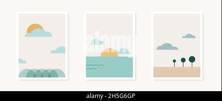 Collezione poster forme geometriche astratte. Paesaggi geometrici. Decorazioni minimaliste a parete, stampe o cartoline. Illustrazione vettoriale, design piatto Illustrazione Vettoriale