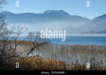 Lago Tegernsee e le montagne che circondano il lago Tegernsee in autunno con un po' di nebbia e i bellissimi colori autunnali dell'altopiano alpino Foto Stock