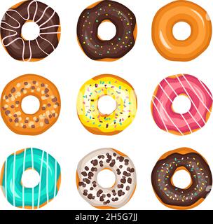 Set di ciambelle glassate multicolore con cioccolato, spolverini e noci. Dolci per compleanno, festa e festa. Illustrazione vettoriale piatta di dessert e cibo Illustrazione Vettoriale