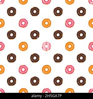 Motivo senza cuciture da ciambelle smaltate. Stampa da dolci per compleanno, festa e festa. Illustrazione vettoriale piatta di dessert e cibo Illustrazione Vettoriale