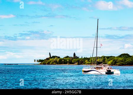 Un tour in barca ormeggiato al largo della costa di South Maui con nuotatori e snorkelers in acqua; Maui, Hawaii, Stati Uniti d'America Foto Stock