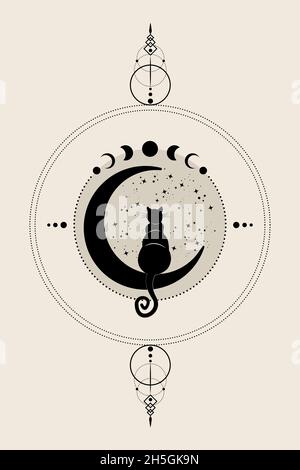 Gatto nero mistico seduto sulla Luna crescente, guarda le stelle. Ruota fasi lunari. Logo Wicca simbolo, stile boho, tatuaggio icona. Illustrazione vettoriale Illustrazione Vettoriale