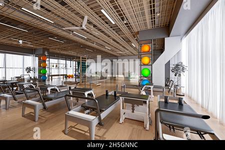 3d rendering della palestra fitness pilates salone sportivo Foto Stock