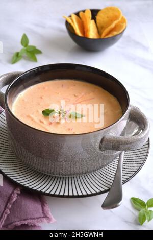 Zuppa di curry rosso tailandese piccante e cocco in una rustica ciotola di terracotta con cracker in formato verticale. Contorno basilico tailandese. Foto Stock